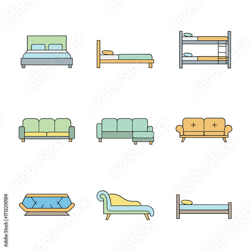 Collection of flat design icons of beds sofas and chaise lounge in pastel colors furniture