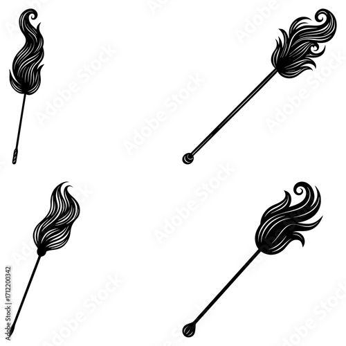 Four stylized feather dusters with ornate plumes and thin handles in a symmetrical arrangement