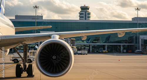 Commercial Airliner on Tarmac at a Modern Airport Terminal.
This close-up shot captures the powerful engine and wing of a commercial airliner, grounded on the tarmac in front of a modern, glass-panel
