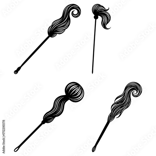 Four stylized black hair sticks with decorative tops on a white background illustration art