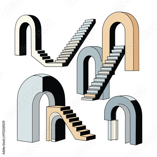 Abstract geometric archways and staircases in pastel and neutral colors stairs
