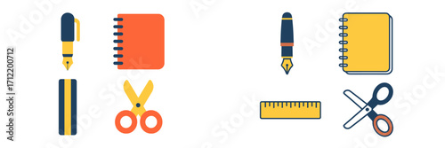 Collection of school and office supplies featuring fountain pens, spiral notebooks, rulers, and scissors