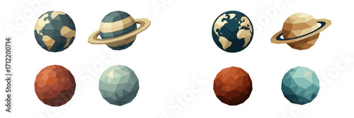 Collection of low poly planets and celestial bodies including Earth and Saturn for space exploration themes