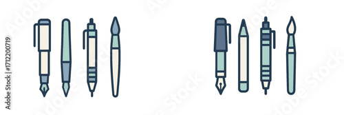 Variety of essential writing and artistic drawing tools featuring fountain pens, rollerball pens, pencils, and brushes