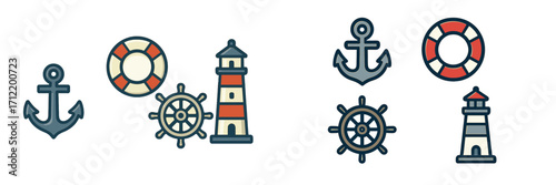 Nautical marine symbols set with anchor, lifebuoy, lighthouse, and ship wheel icons for ocean navigation and safety