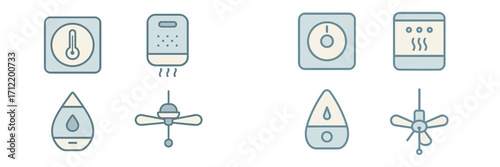 Modern home climate control and air quality appliance icons set for temperature, humidity, and air movement