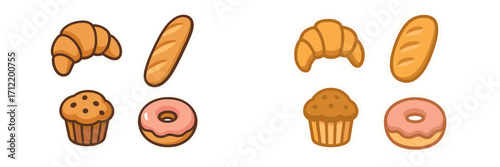 Assortment of delicious breakfast pastries including croissants, baguettes, muffins, and donuts on white background