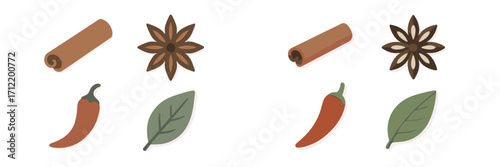 Collection of aromatic cooking spices and fresh herbs including cinnamon sticks, star anise, chili peppers, and bay leaves