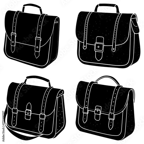 Four black and white satchel bags with straps and buckles arranged in a grid pattern on white background