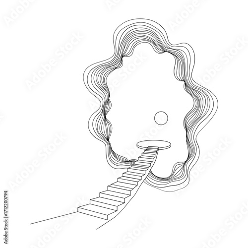 Black and white abstract illustration of a staircase leading to a circular platform within a wavy outline