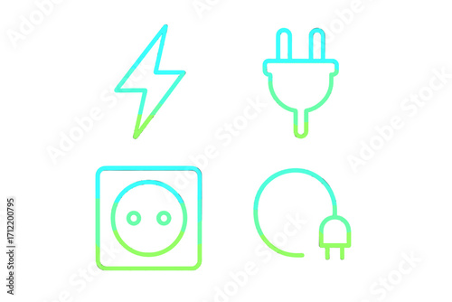 Electric power symbols including lightning bolt, electrical plug, wall outlet, and charging cable for energy concepts