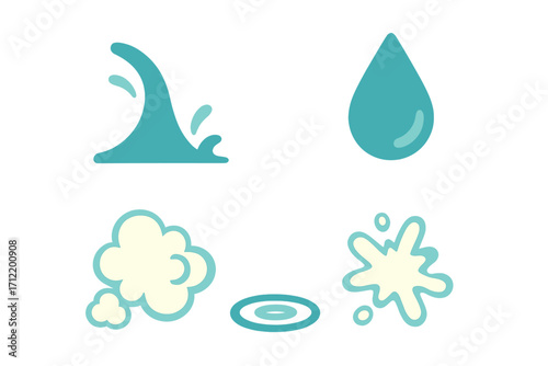 Stylized water droplet, wave, splash, and ripple shapes with steam cloud forms on a clean white background