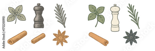 Collection of fresh culinary herbs, aromatic spices, and kitchen pepper grinders for cooking and seasoning