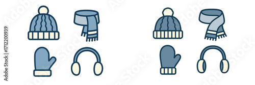 Cozy winter clothing accessories set with warm knitted hats, scarves, mittens, and earmuffs for cold weather protection