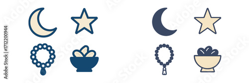 Islamic religious symbols and Ramadan icons set featuring crescent moon, star, prayer beads, and dates in a bowl
