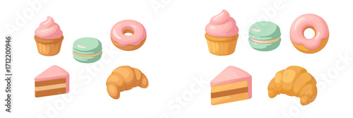 Colorful sweet treats and breakfast items including frosted cupcakes, glazed donuts, delicate macarons, rich cake slices, and flaky croissants