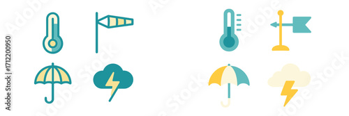 Collection of weather forecast symbols including thermometer, windsock, umbrella, and storm cloud with lightning