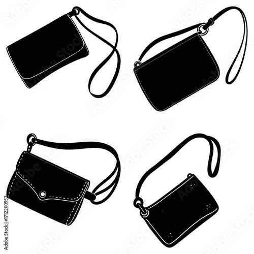 Illustration of four black crossbody bags with straps in various styles and orientations on white background