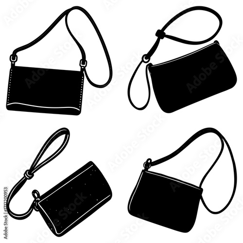Collection of four black crossbody bags with straps in various orientations and styles displayed on white
