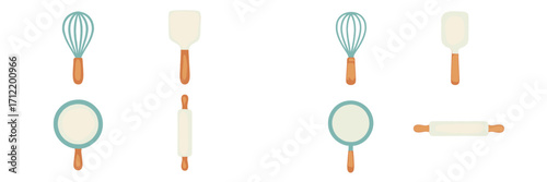 Assortment of essential kitchen baking utensils and cooking equipment including whisks spatulas rolling pins and pans