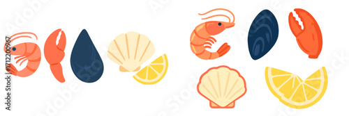 Delicious fresh seafood collection with shrimp, crab claw, mussels, scallops, and bright yellow lemon slices