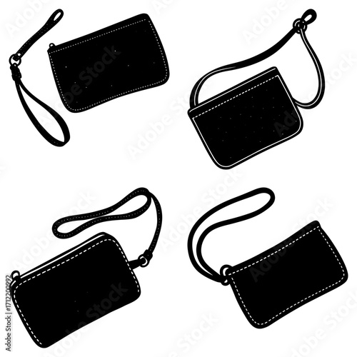 A collection of four black zippered pouches with wrist straps in various orientations and perspectives