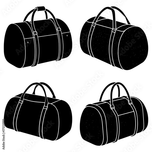 Four duffel bags in black and white with handles and straps arranged in a square pattern design image