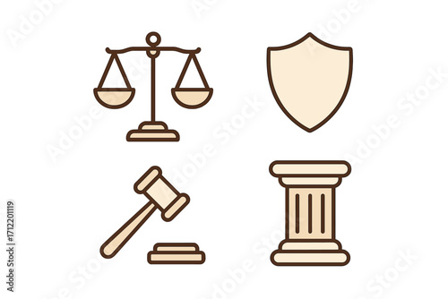 Essential legal and justice symbols: scales of justice, judge's gavel, protective shield, and classical pillar