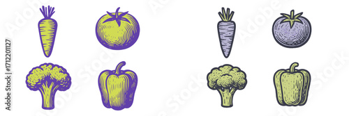 Collection of fresh organic vegetables including carrots tomatoes broccoli and bell peppers with a stylized graphic texture