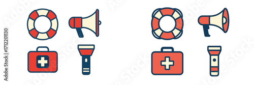 Essential emergency and rescue equipment including lifebuoy, megaphone, first aid kit, and flashlight