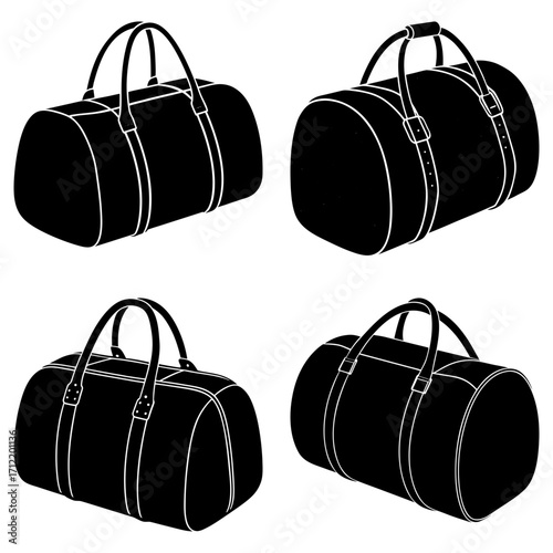 Four black duffel bags with white outlines arranged in a square formation on a white background