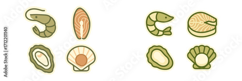 Stylized collection of fresh seafood items featuring shrimp, salmon fillets, oysters, and scallops for culinary themes