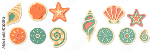 Vibrant layered paper cut style marine life collection featuring various seashells, conch, and starfish