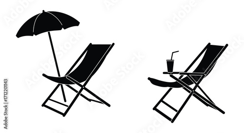 Black and white illustration of beach chairs umbrella and a drink