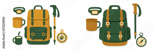 Collection of essential hiking and camping equipment including backpacks, headlamps, mugs, trekking poles, and compasses