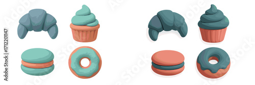 Assortment of colorful clay-style sweet desserts and pastries including croissants cupcakes macarons and donuts
