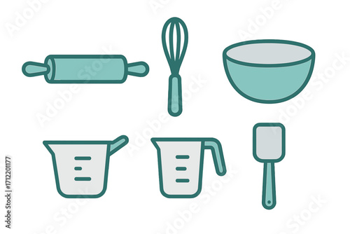 Essential kitchen baking tools set with rolling pin, whisk, bowl, measuring cups, and spatula for culinary preparation