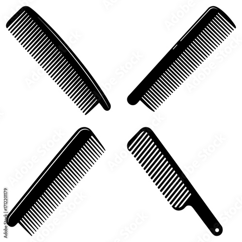 Four black combs arranged in a square pattern with varying angles and orientations on a white background