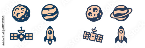 Stylized cosmic elements and spacecraft icons: planets, asteroids, rockets, and communication satellites for space exploration