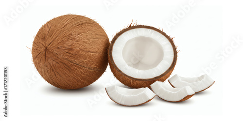 Set of fresh whole and half coconut and slices isolated on white background 02