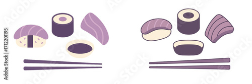 Stylized Japanese food items including nigiri, maki roll, sashimi, soy sauce bowl, and wooden chopsticks