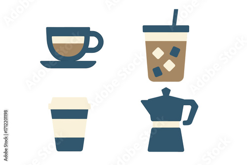 Assortment of coffee beverages and brewing tools including espresso cup, iced coffee, disposable cup, and moka pot