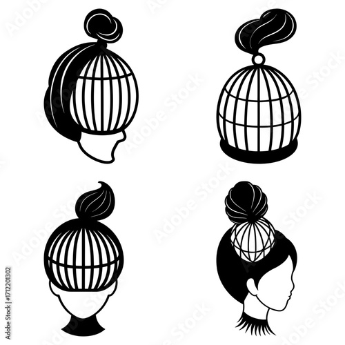 Four black and white illustrations of women with birdcage hairstyles in different orientations and styles