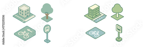 Isometric city elements with buildings, trees, bicycle path, and bus stop signs for urban planning and navigation