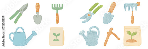 Assortment of essential gardening tools including pruners, trowel, rake, watering can, and seed packet for spring planting and cultivating plants
