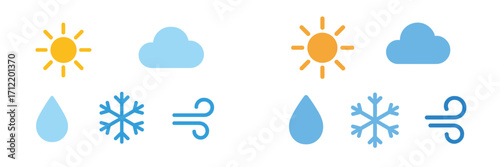Set of essential weather forecast symbols featuring sun, cloud, raindrop, snowflake, and wind for various conditions