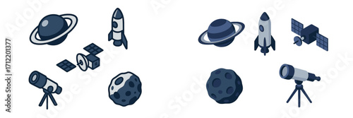 Isometric space exploration objects set featuring planets, rockets, satellites, telescopes, and celestial bodies