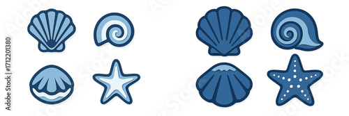 Set of stylized blue layered sea shells and starfish collection with ocean marine life elements and underwater creatures in paper cut style
