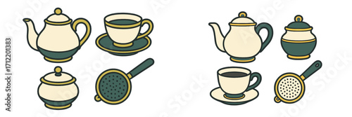 Collection of elegant teapots, teacups, sugar bowls, and tea strainers for hot beverage service and traditional tea time