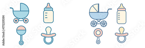 Collection of essential baby accessories featuring prams, feeding bottles, rattles, and pacifiers in soft pastel colors